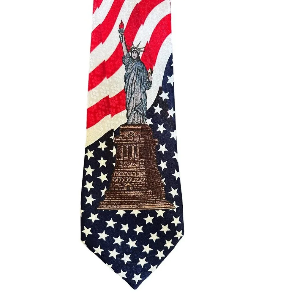 Vintage Statue Of Liberty, America Flag Necktie Tie Renaissance Hand Made 59”x4”
